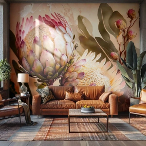 Papier Peint Photo Standard Eco - Deux fleurs de protéa dans un style pastel et aquarelle - 100x70cm - Tendrement embrassé - Décoration murale moderne pour le salon et la chambre ARTTOR