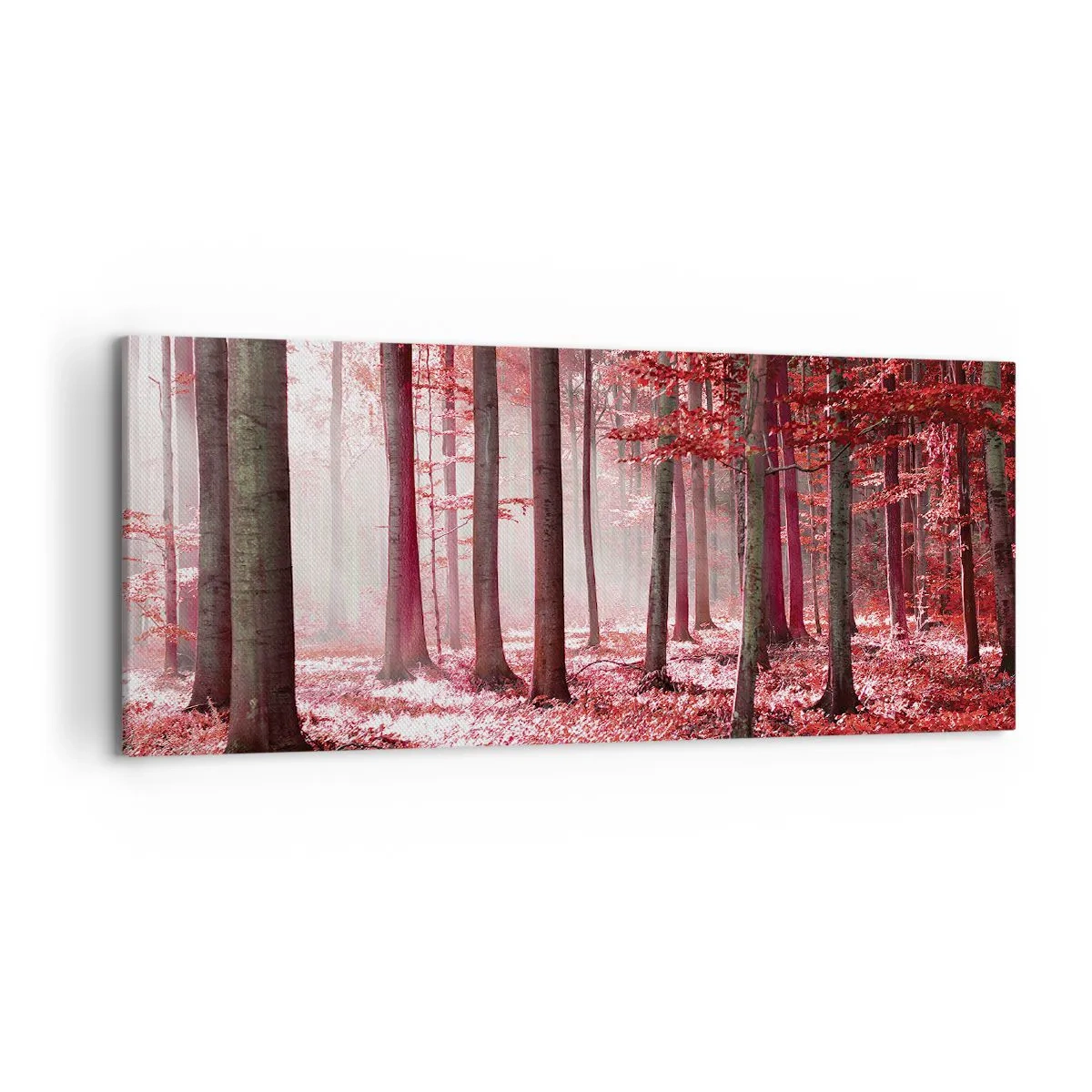 Impression sur toile - Image sur toile - Une forêt époustouflante aux teintes rouges avec des rayons de lumière pénétrant à travers les arbres - 120x50cm - Le rouge est tout aussi beau - Décoration murale moderne pour le salon et la chambre ARTTOR