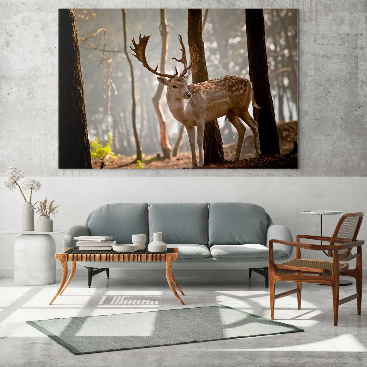 Impression sur verre - Image sur verre - Un cerf dans la forêt entouré de brouillard matinal - 120x80cm - La lumière de la jeunesse - Décoration murale moderne pour le salon et la chambre ARTTOR