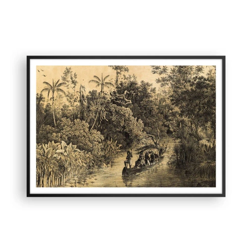 Affiche dans un cadre noir - Poster - Dessin d'une jungle avec un bateau sur une rivière - 100x70cm - Expédition à la source - Décoration murale moderne pour le salon et la chambre ARTTOR
