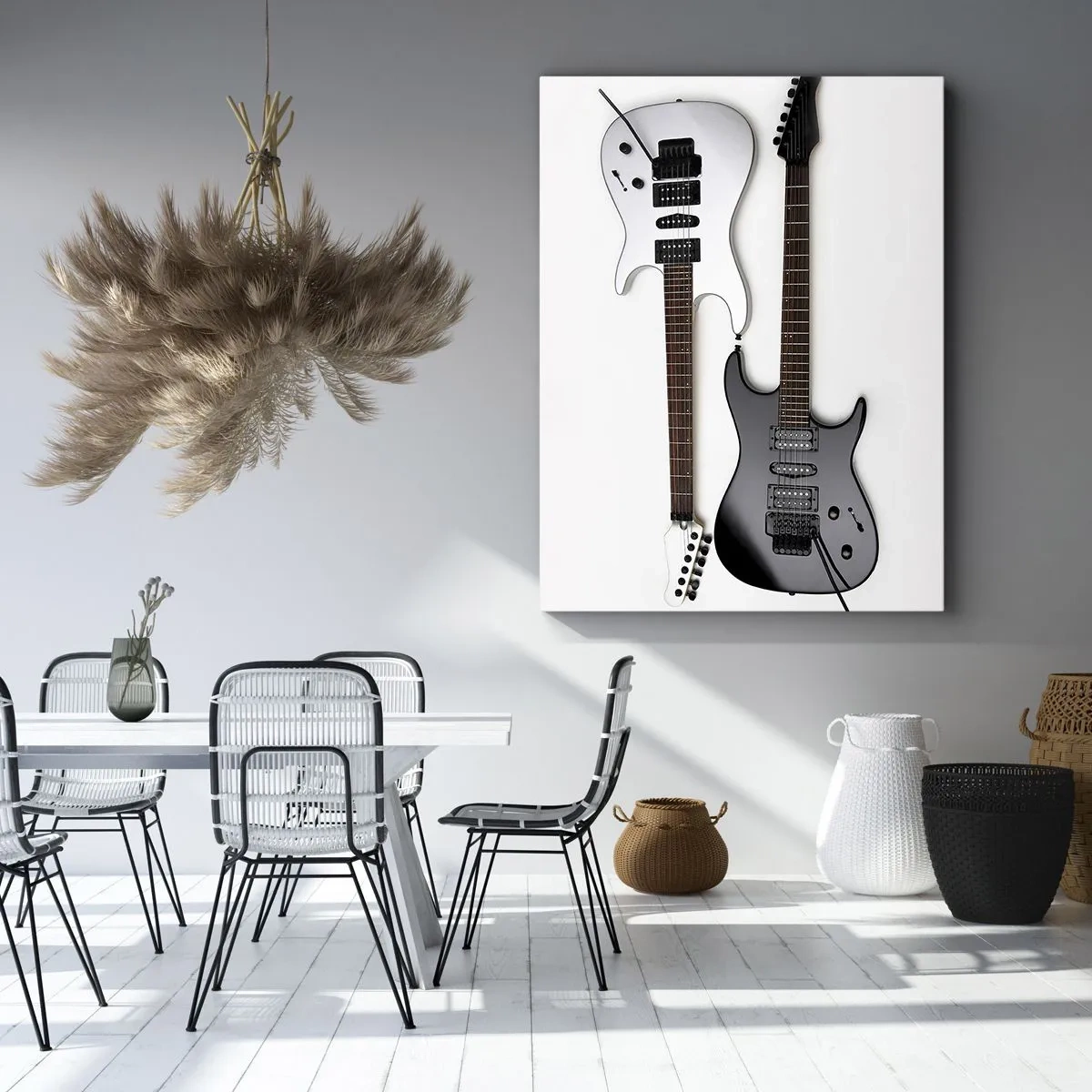 Impression sur toile - Image sur toile - Deux guitares électriques en noir et blanc sur fond clair. - 50x70cm - Harmonie des formes - Décoration murale moderne pour le salon et la chambre ARTTOR