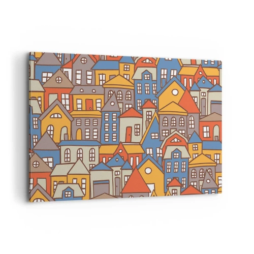 Impression sur toile - Image sur toile - Maisons colorées dans un style graphique sur fond clair - 120x80cm - Derrière la maison, une maison - Décoration murale moderne pour le salon et la chambre ARTTOR