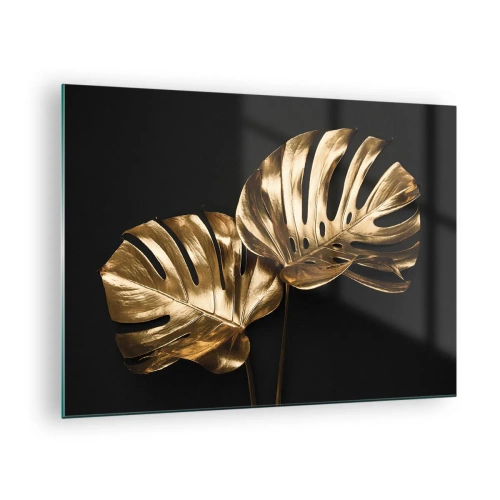 Impression sur verre - Image sur verre - Feuilles de monstera dorées sur fond noir - 70x50cm - Les trésors de la nature - Décoration murale moderne pour le salon et la chambre ARTTOR