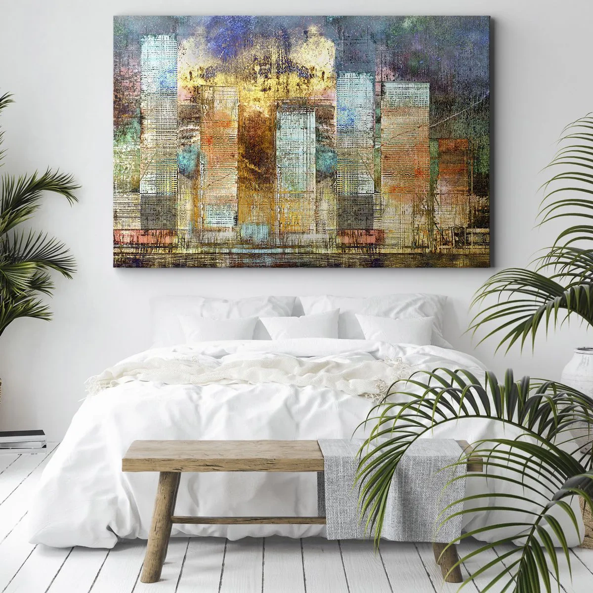 Impression sur toile - Image sur toile - Gratte-ciel abstraits de style industriel - 100x70cm - Une métropole ensoleillée - Décoration murale moderne pour le salon et la chambre ARTTOR