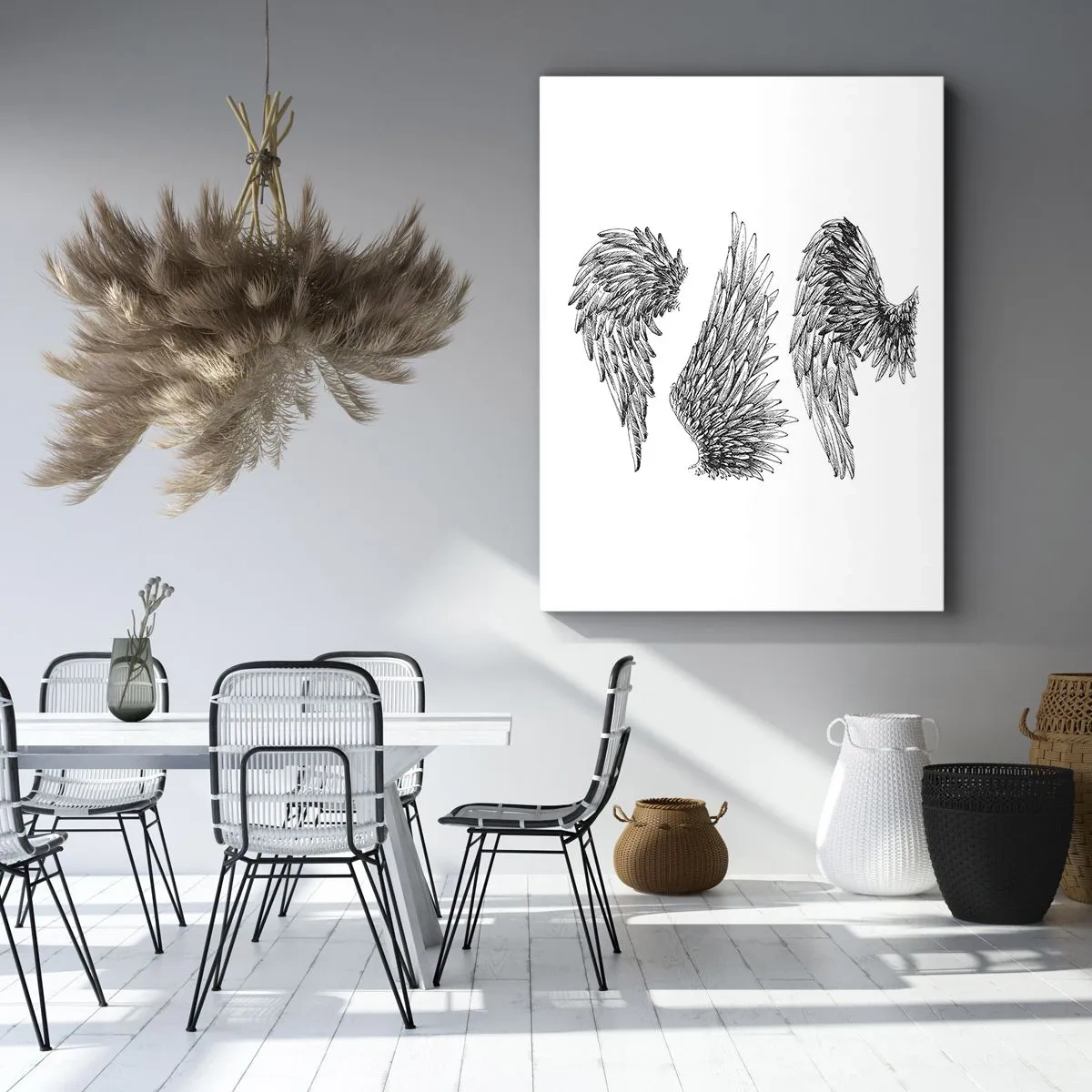 Impression sur toile - Image sur toile - Trois croquis d'ailes en noir et blanc dans un style minimaliste. - 70x100cm - Et tu peux devenir un ange - Décoration murale moderne pour le salon et la chambre ARTTOR