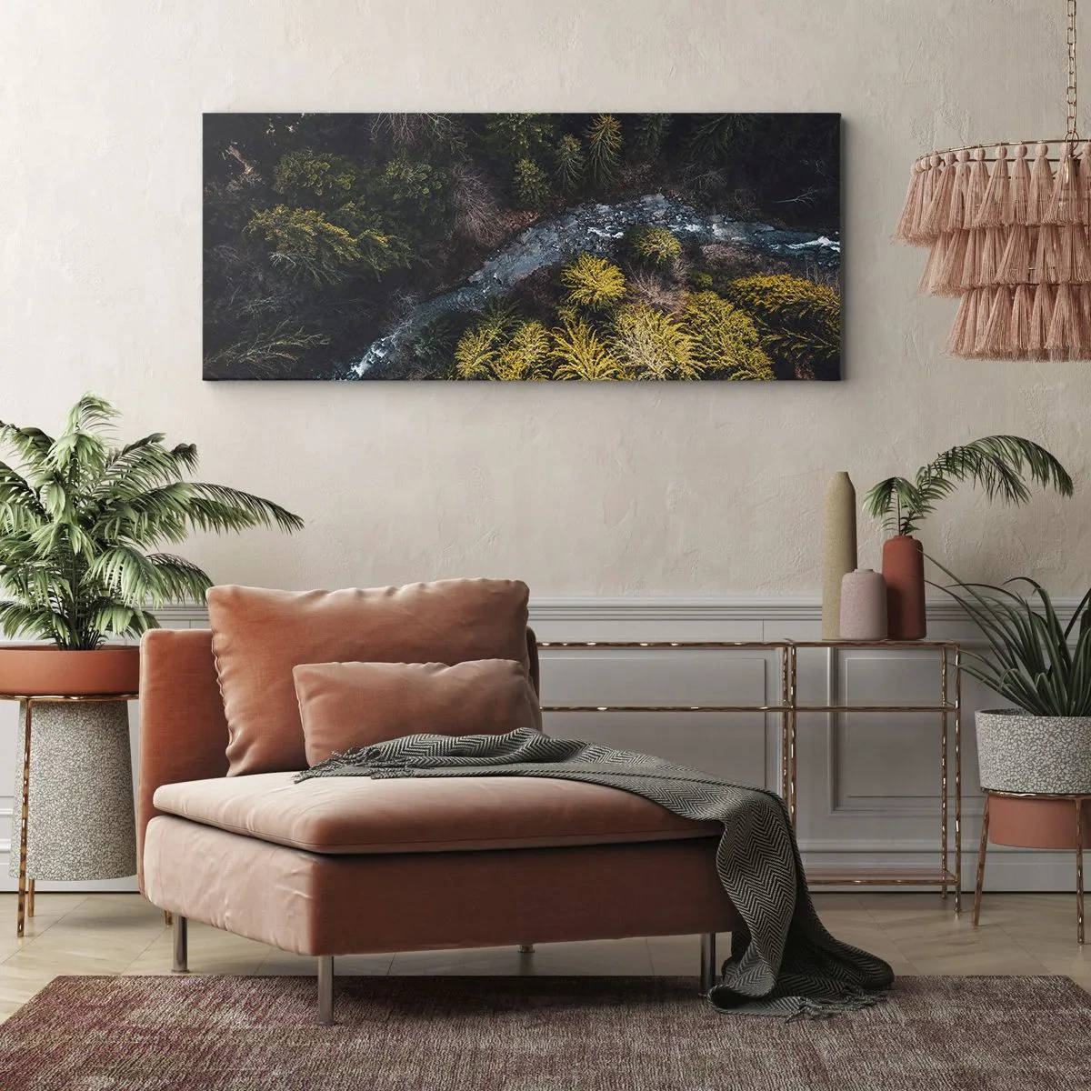 Impression sur toile - Image sur toile - Vue d'en haut d'une forêt avec une rivière sinueuse - 120x50cm - De plus en plus vite - Décoration murale moderne pour le salon et la chambre ARTTOR