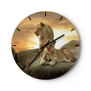 Horloge murale - Pendule murale - Deux lions contre le soleil couchant - 30x30cm - Majesté royale - Décoration murale moderne pour le salon, la cuisine et la chambre ARTTOR