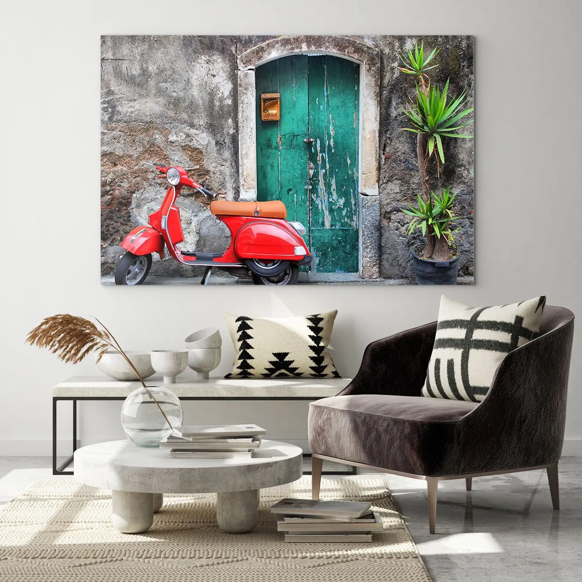 Impression sur verre - Image sur verre - Scooter rouge contre une porte verte - 100x70cm - Vacances italiennes - Décoration murale moderne pour le salon et la chambre ARTTOR