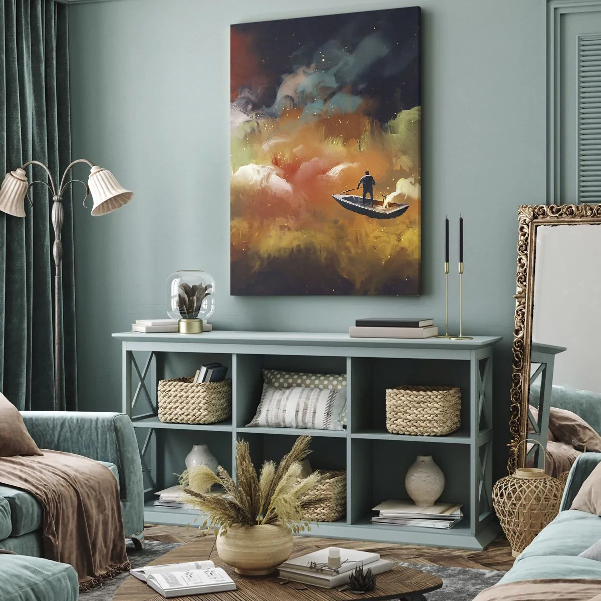 Impression sur toile - Image sur toile - Une silhouette dans un bateau sur un fond de nuages colorés - 70x100cm - En bateau à travers la galaxie - Décoration murale moderne pour le salon et la chambre ARTTOR