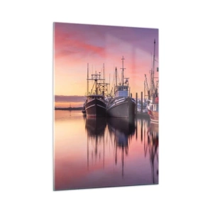 Impression sur verre - Image sur verre - Bateaux de pêche au coucher du soleil dans un port tranquille - 50x70cm - Avant le jour suivant - Décoration murale moderne pour le salon et la chambre ARTTOR
