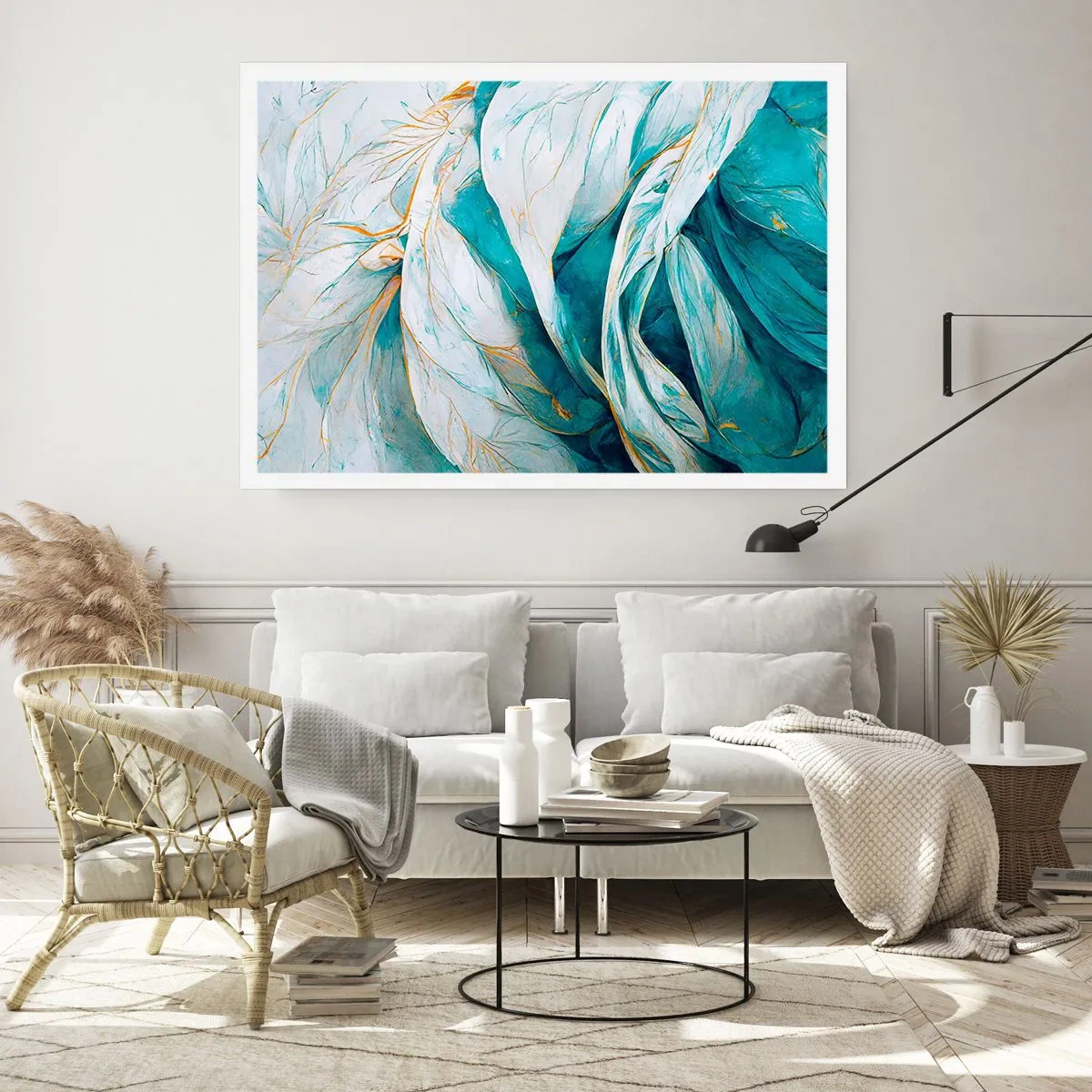 Affiche - Poster - Feuilles bleues abstraites avec des détails dorés - 100x70cm - Abstraction bleue avec un motif doré - Décoration murale moderne pour le salon et la chambre ARTTOR