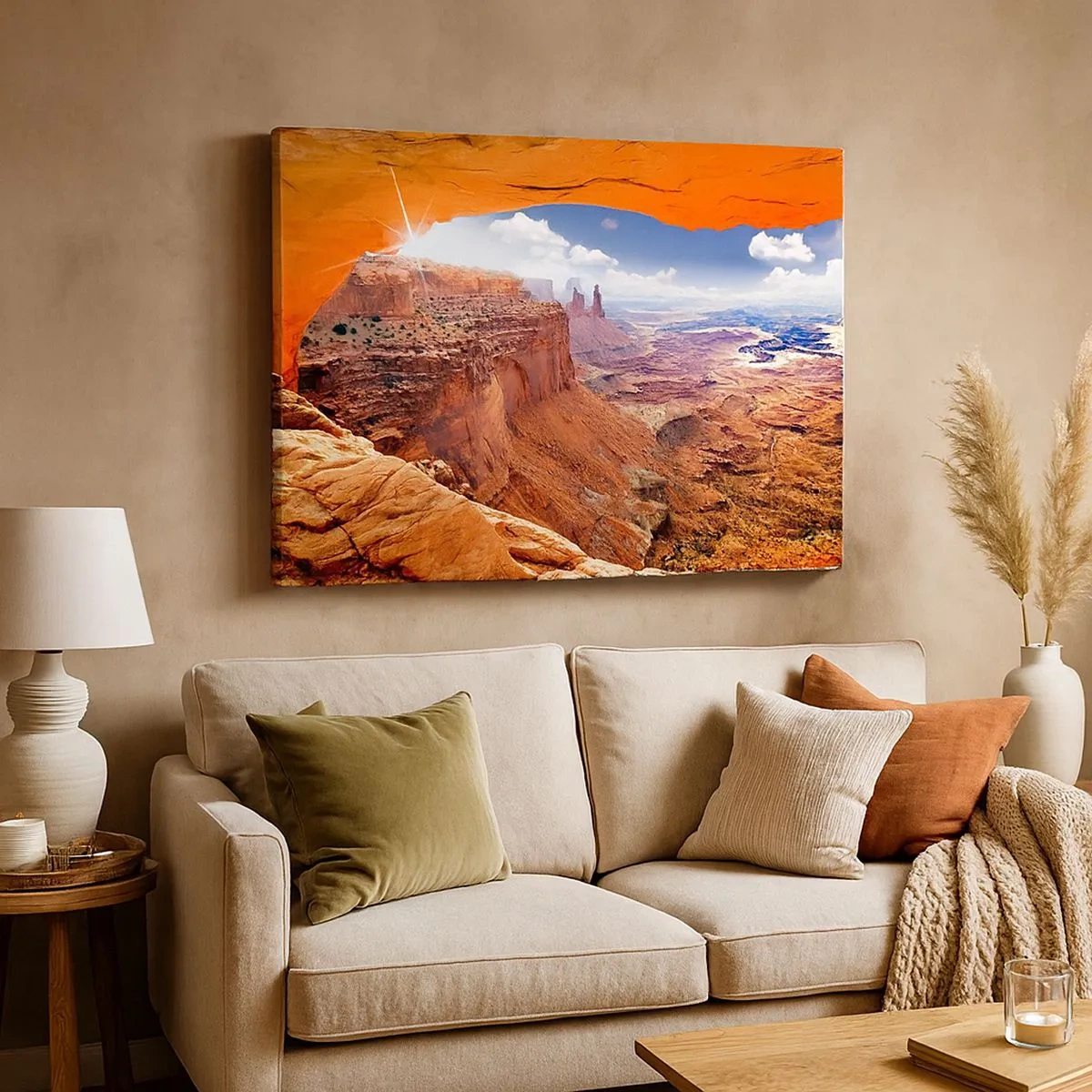 Impression sur toile - Image sur toile - Canyon vu à travers une fenêtre rocheuse aux tons rocheux chauds - 70x50cm - Sculpté par la nature elle-même - Décoration murale moderne pour le salon et la chambre ARTTOR