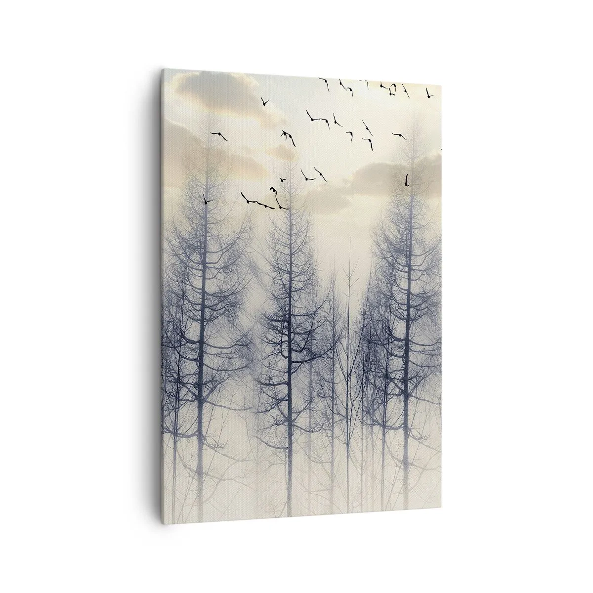 Impression sur toile - Image sur toile - Forêt brumeuse avec des oiseaux contre le ciel du coucher du soleil - 70x100cm - L'âme de la forêt - Décoration murale moderne pour le salon et la chambre ARTTOR