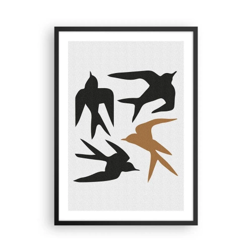 Affiche dans un cadre noir - Poster - Silhouettes stylisées d'hirondelles sur fond clair - 50x70cm - Avaler du plaisir - Décoration murale moderne pour le salon et la chambre ARTTOR