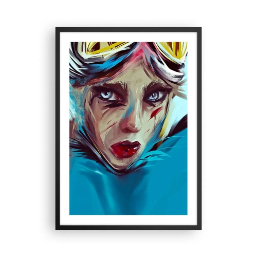 Affiche dans un cadre noir - Poster - Portrait d'une femme au regard intense et sur fond bleu - 50x70cm - Guerrière errante - Décoration murale moderne pour le salon et la chambre ARTTOR