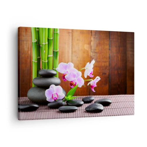 Impression sur toile - Image sur toile - Bambou de style zen, pierres et orchidées roses sur fond de bois - 70x50cm - Rencontrez les plaisirs de l'est - Décoration murale moderne pour le salon et la chambre ARTTOR