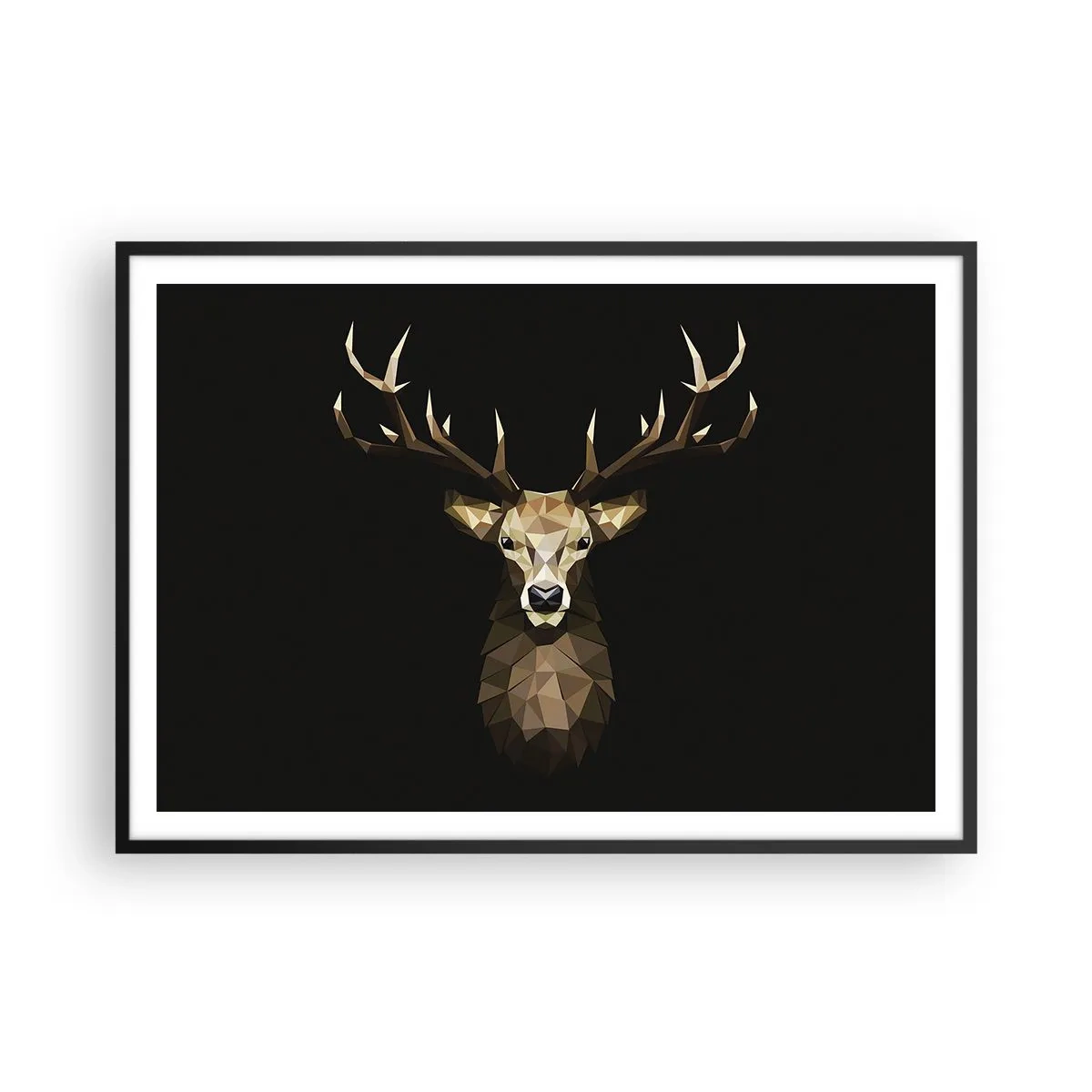 Affiche dans un cadre noir - Poster - Cerf polygonal géométrique sur fond noir - 100x70cm - Cerf cubique - Décoration murale moderne pour le salon et la chambre ARTTOR