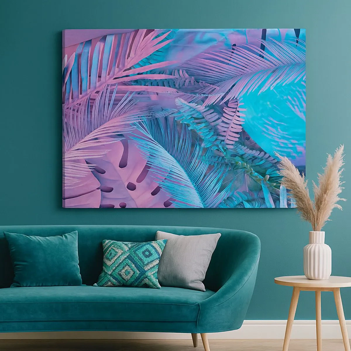 Impression sur toile - Image sur toile - Feuilles tropicales dans les tons de rose et de bleu - 70x50cm - Les tropiques en rose et bleu - Décoration murale moderne pour le salon et la chambre ARTTOR