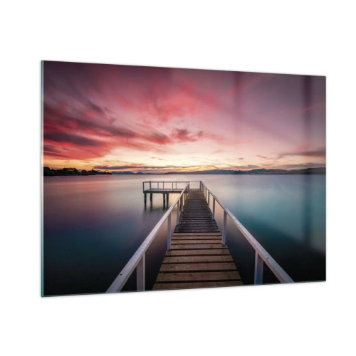 Impression sur verre - Image sur verre - Jetée au bord du lac au coucher du soleil avec un ciel rose - 100x70cm - La douce flamme du soir - Décoration murale moderne pour le salon et la chambre ARTTOR