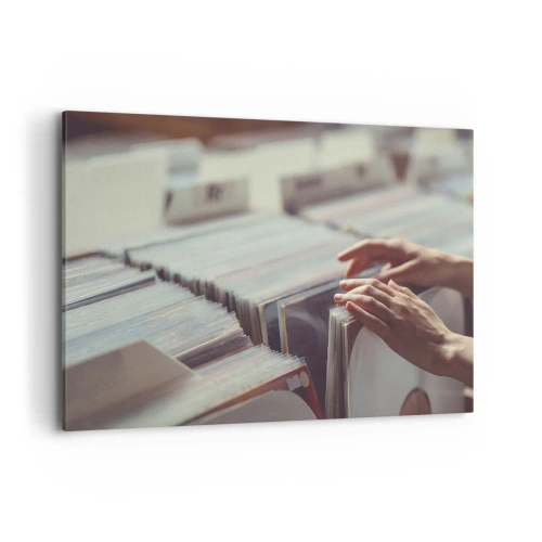 Impression sur toile - Image sur toile - Mains regardant à travers une collection de vinyles - 120x80cm - A la recherche d'émotions - Décoration murale moderne pour le salon et la chambre ARTTOR