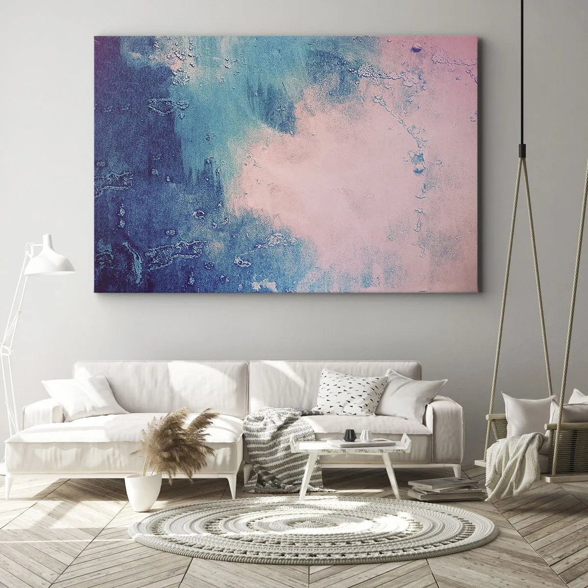 Impression sur toile - Image sur toile - Texture abstraite dans les tons de rose et de bleu - 100x70cm - Etreintes bleues - Décoration murale moderne pour le salon et la chambre ARTTOR