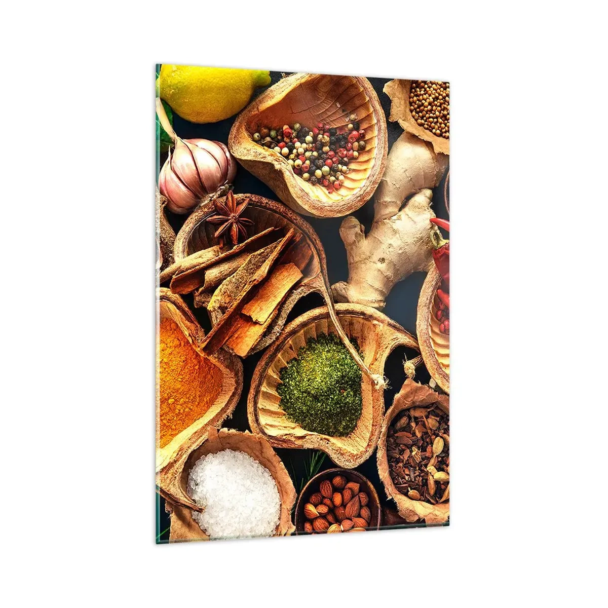 Impression sur verre - Image sur verre - Bols d'épices de différentes couleurs - 80x120cm - Prends ce que tu veux - Décoration murale moderne pour le salon et la chambre ARTTOR