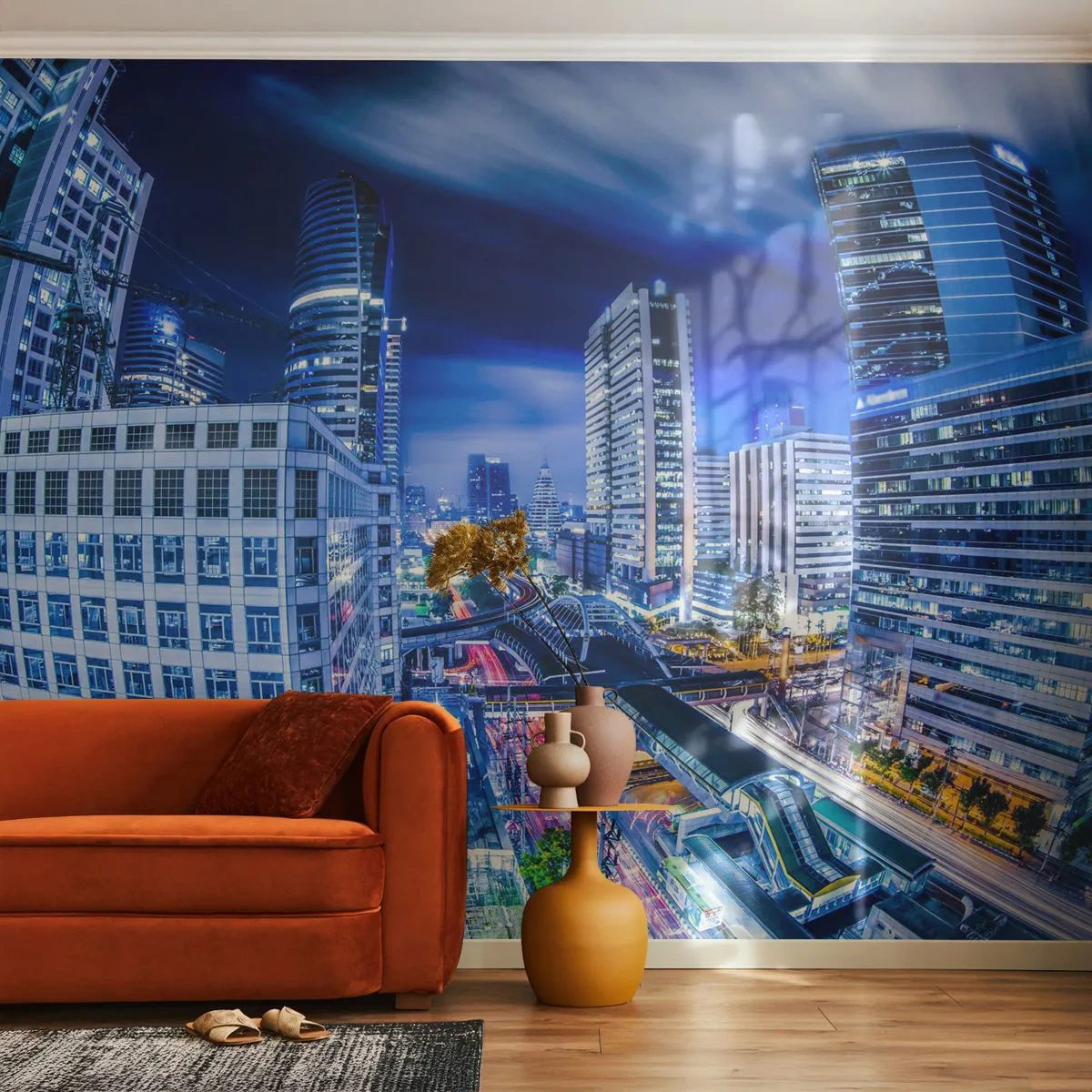 Papier Peint Photo Premium Sand - Une ville moderne la nuit avec une architecture dynamique - 100x70cm - Rythmes de la ville nocturne - Décoration murale moderne pour le salon et la chambre ARTTOR