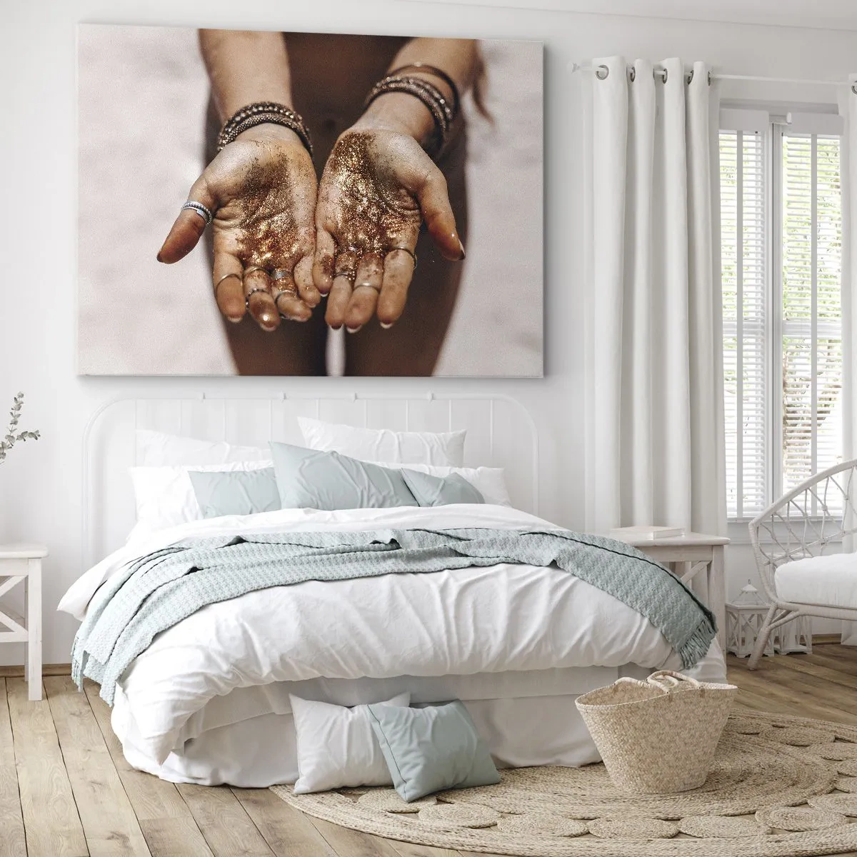 Impression sur toile - Image sur toile - Gros plan des mains avec des paillettes dans des tons chauds - 70x50cm - Un don pour vous - Décoration murale moderne pour le salon et la chambre ARTTOR