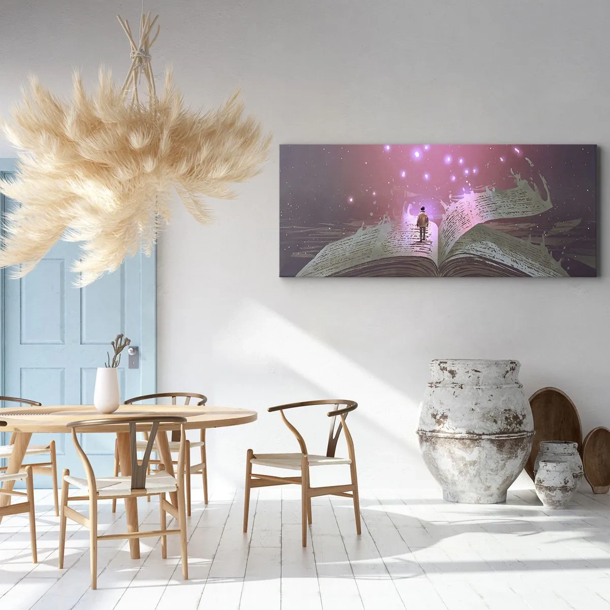 Impression sur toile - Image sur toile - Une silhouette marche sur un livre ouvert dans une lumière magique. - 160x50cm - Invitation à un autre monde - lisez ! - Décoration murale moderne pour le salon et la chambre ARTTOR