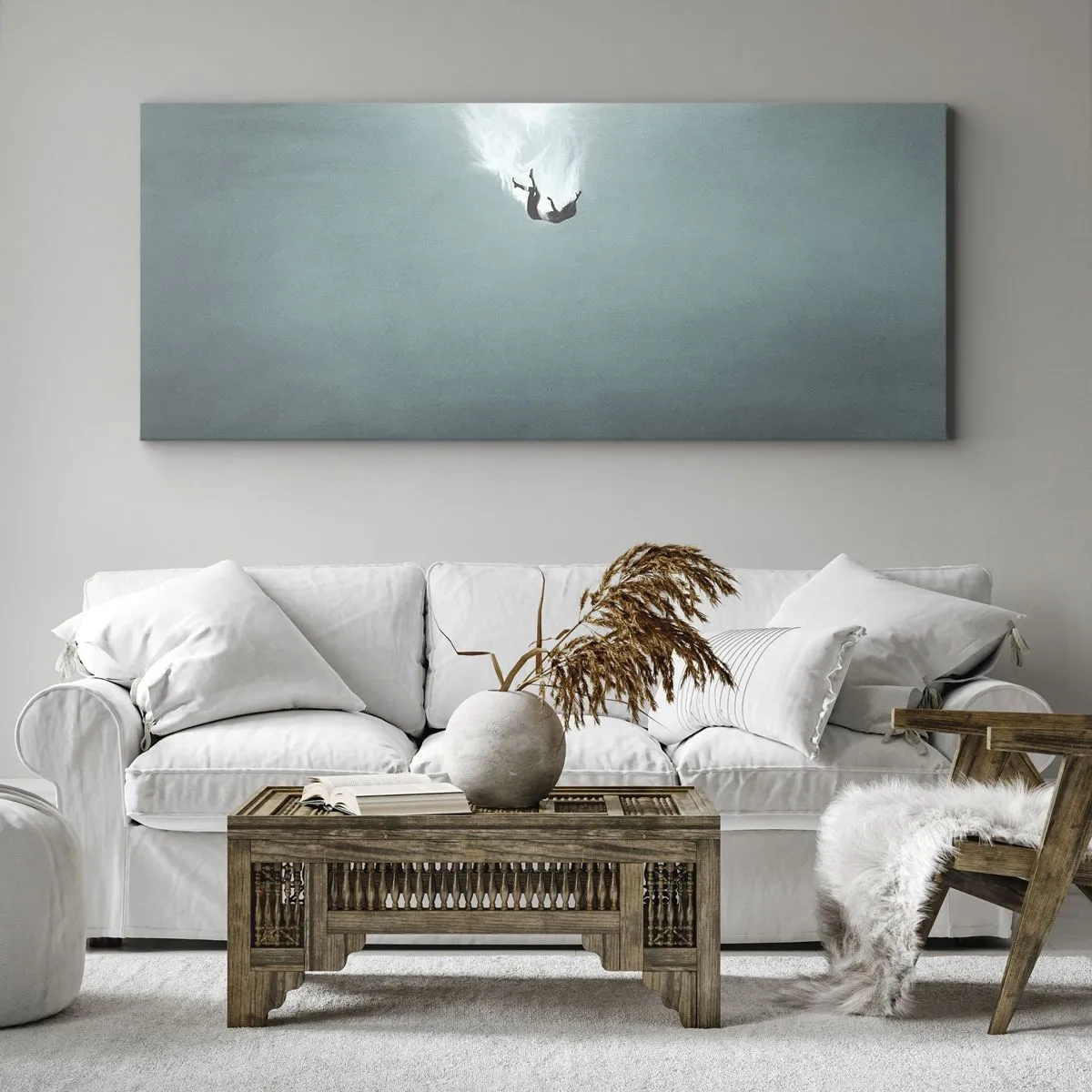 Impression sur toile - Image sur toile - Une silhouette immergée dans une eau turquoise profonde - 120x50cm - Dans les bras de l'océan - Décoration murale moderne pour le salon et la chambre ARTTOR