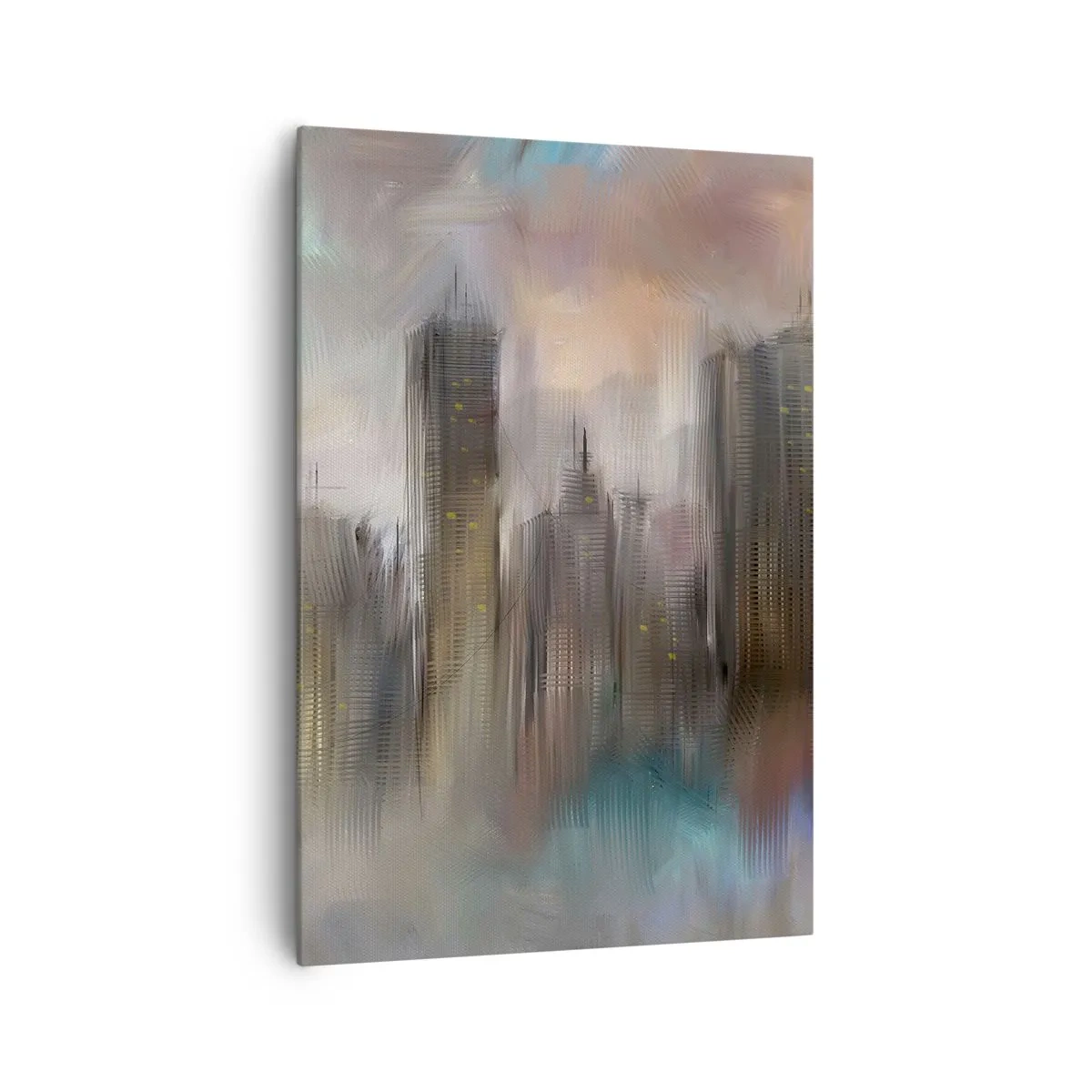 Impression sur toile - Image sur toile - Une vision artistique d'un paysage urbain avec des gratte-ciels aux couleurs pastel. - 70x100cm - Une composition d'acier, de pierre et de brouillard - Décoration murale moderne pour le salon et la chambre ARTTOR