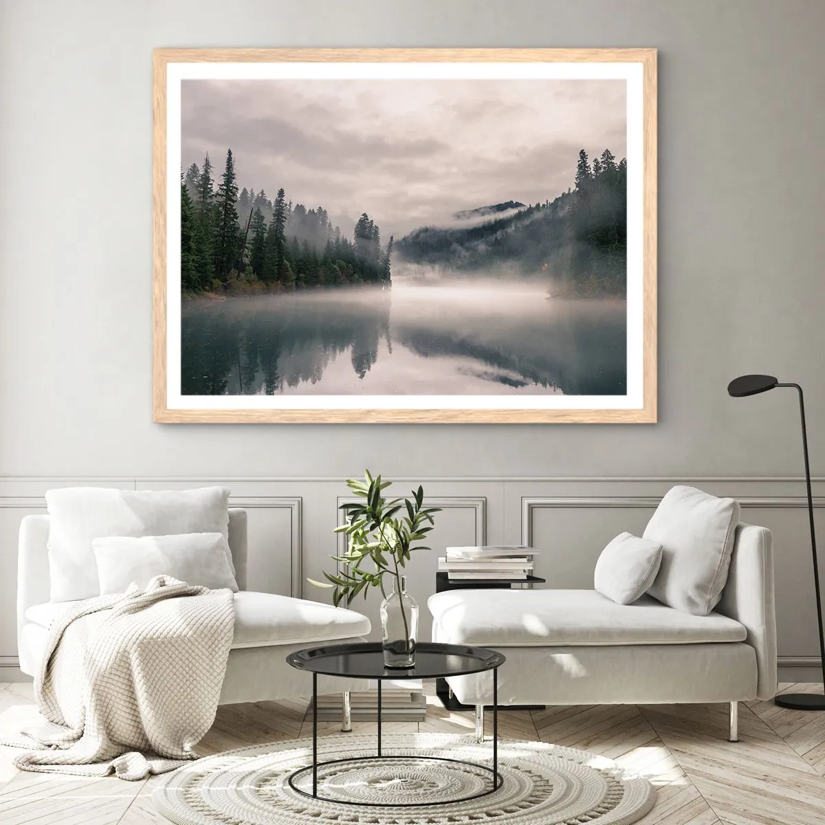Affiche dans un chêne clair - Poster - Reflet dans le brouillard - 100x70 cm