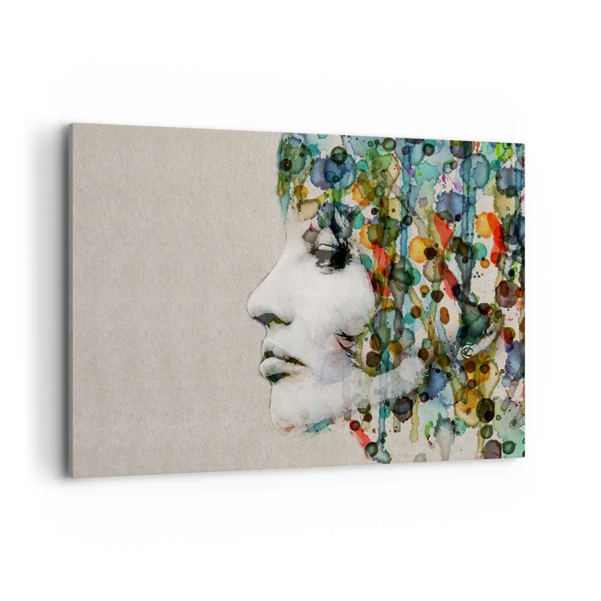 Impression sur toile - Image sur toile - Profil d'une femme aux couleurs aquarelles avec un fond abstrait - 100x70cm - Elle est sortie de la grisaille - Décoration murale moderne pour le salon et la chambre ARTTOR