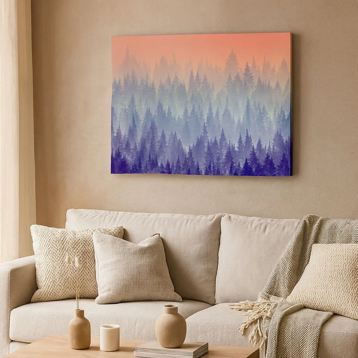 Impression sur toile - Image sur toile - Une forêt brumeuse aux tons violets et orange - 70x50cm - Haut, plus haut, vers le ciel - Décoration murale moderne pour le salon et la chambre ARTTOR