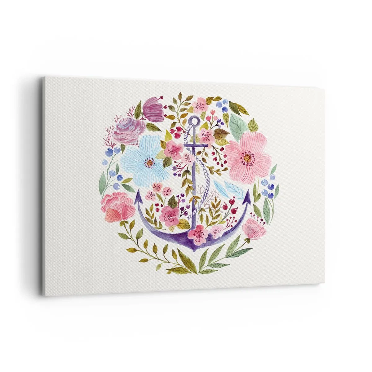 Impression sur toile - Image sur toile - Une ancre entourée de fleurs à l'aquarelle sur un fond clair - 100x70cm - Le beau rêve du marin - Décoration murale moderne pour le salon et la chambre ARTTOR