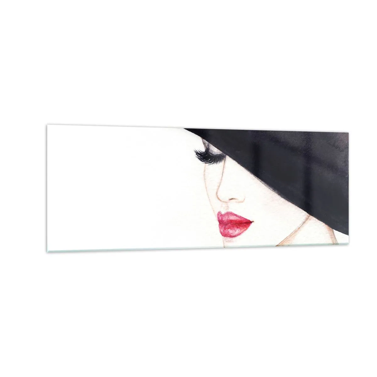 Impression sur verre - Image sur verre - Une illustration subtile d'une femme portant un chapeau noir et des lèvres rouges - 140x50cm - Élégance et sensualité - Décoration murale moderne pour le salon et la chambre ARTTOR