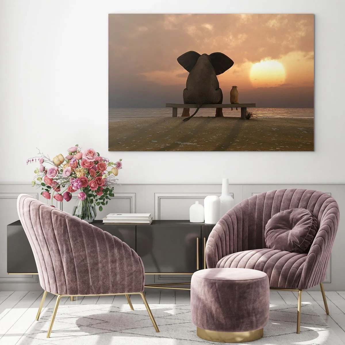 Impression sur verre - Image sur verre - Éléphant et chien sur un banc au coucher du soleil - 100x70cm - C'est bon de garder le silence ensemble - Décoration murale moderne pour le salon et la chambre ARTTOR