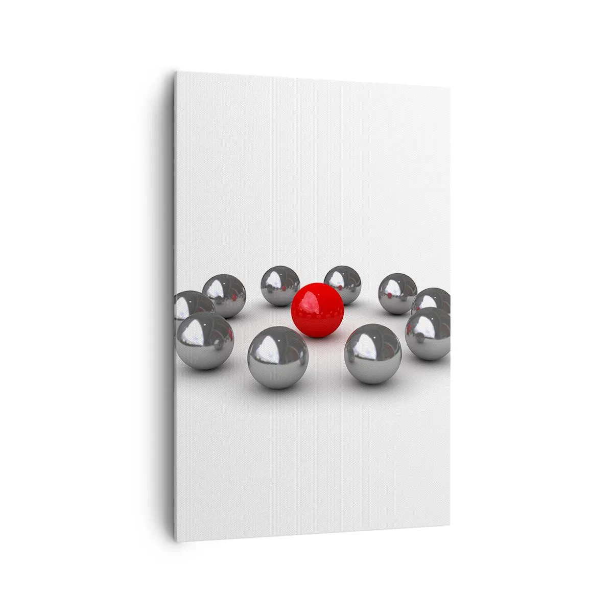 Impression sur toile - Image sur toile - Une boule rouge entourée de boules argentées sur fond blanc - 80x120cm - Un cercle en argent et rouge - Décoration murale moderne pour le salon et la chambre ARTTOR