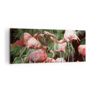 Impression sur toile - Image sur toile - Un groupe de flamants roses dans un cadre tropical entouré de palmiers - 120x50cm - Potins d'après-midi - Décoration murale moderne pour le salon et la chambre ARTTOR