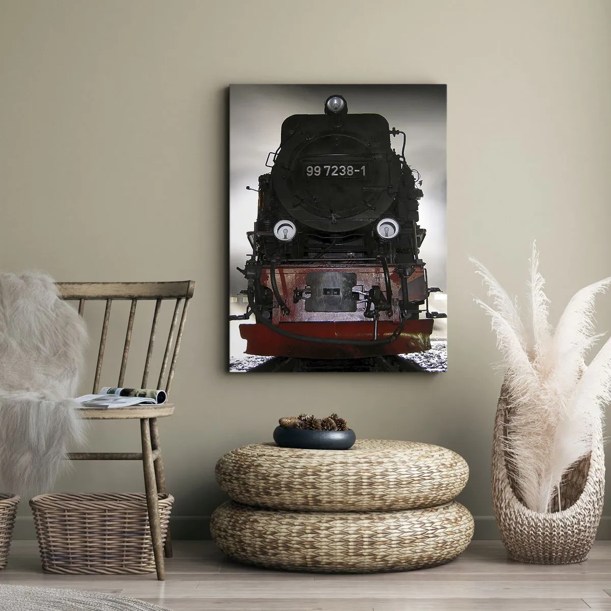 Impression sur toile - Image sur toile - Une locomotive à vapeur entourée de vapeur sur un ciel sombre dans un décor atmosphérique - 70x100cm - Il se lève et siffle, halète et souffle - Décoration murale moderne pour le salon et la chambre ARTTOR