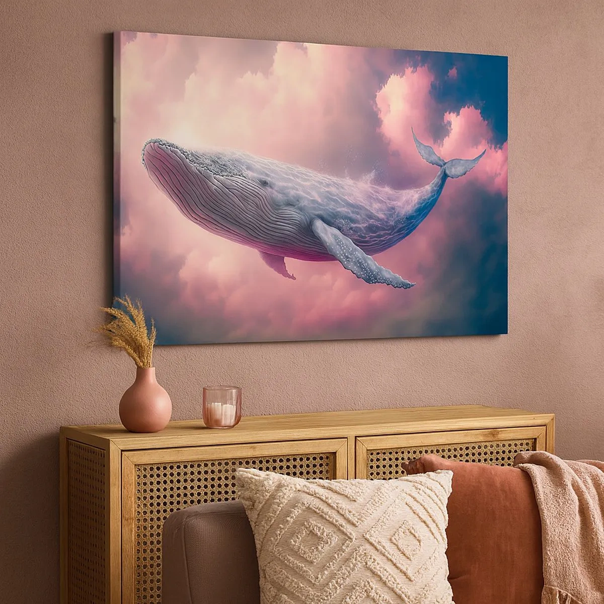 Impression sur toile - Image sur toile - Une baleine flottant dans les nuages au coucher du soleil - 70x50cm - Frottez-vous les yeux - Décoration murale moderne pour le salon et la chambre ARTTOR