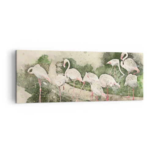 Impression sur toile - Image sur toile - Flamants roses dans leur environnement naturel dans un style aquarelle - 140x50cm - Rêve exotique - Décoration murale moderne pour le salon et la chambre ARTTOR
