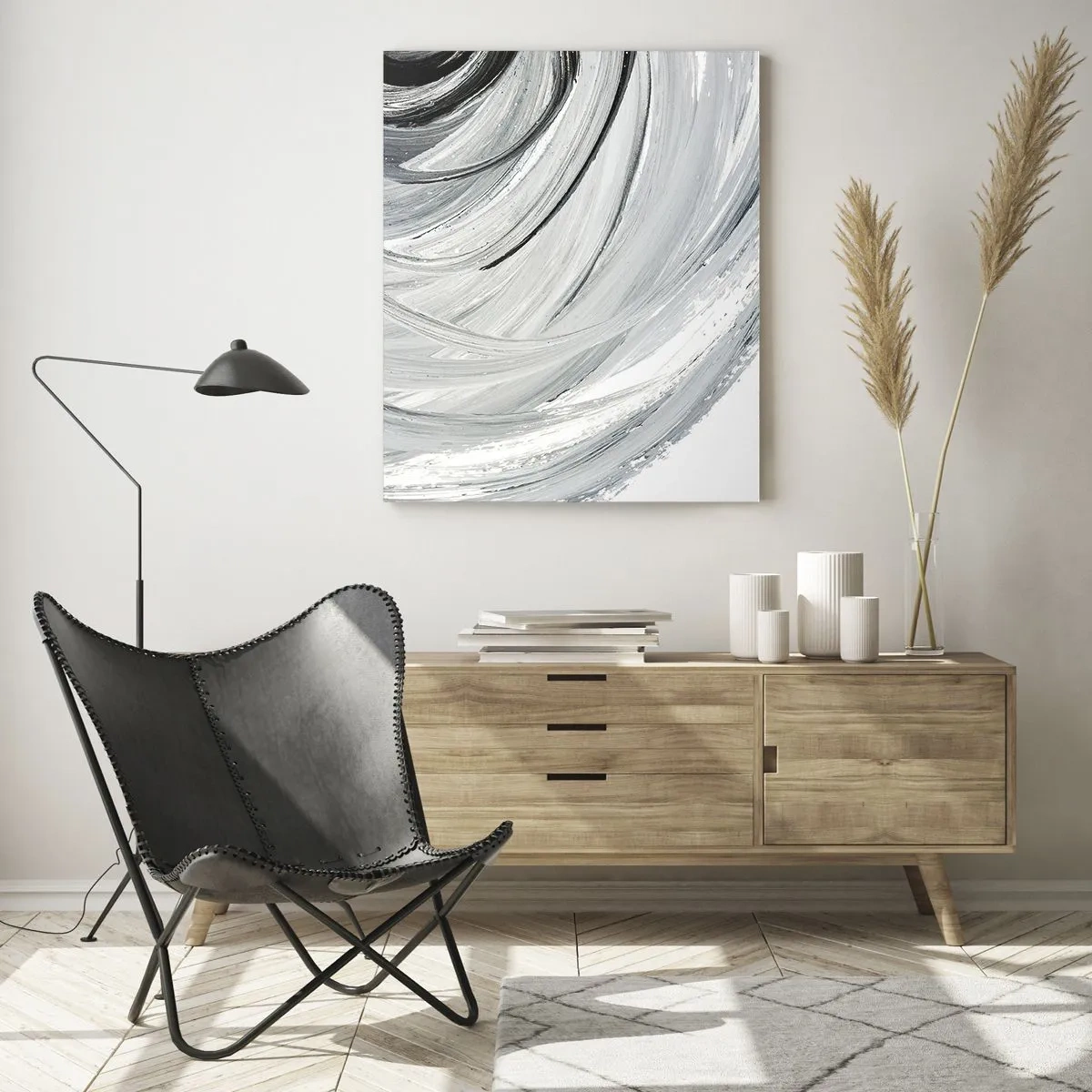 Impression sur verre - Image sur verre - Une spirale noire et blanche avec des coups de pinceau dynamiques. - 50x70cm - Composition orbitale - Décoration murale moderne pour le salon et la chambre ARTTOR