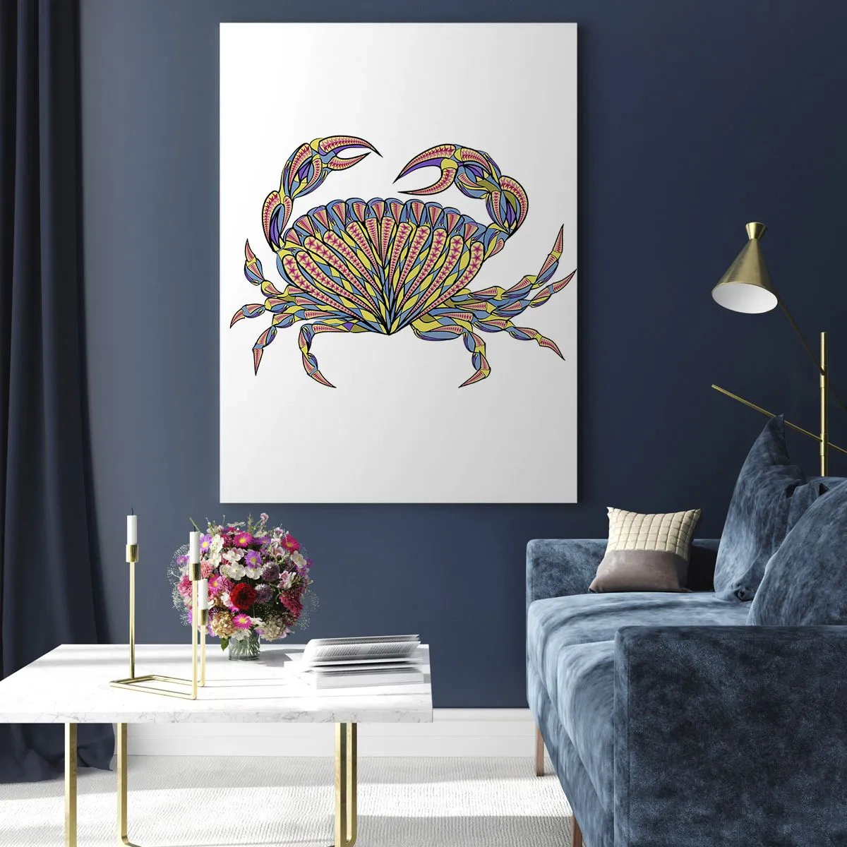 Impression sur verre - Image sur verre - Illustration d'un crabe coloré dans un style géométrique - 50x70cm - Bijoux de la mer - Décoration murale moderne pour le salon et la chambre ARTTOR