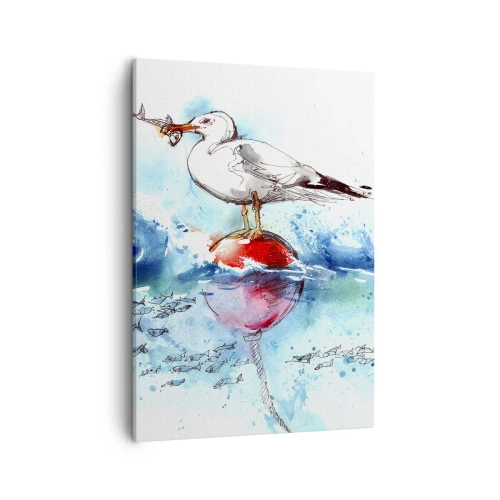 Impression sur toile - Image sur toile - Mouette sur une bouée avec des poissons en arrière-plan dans un style aquarelle - 50x70cm - Prise réussie - Décoration murale moderne pour le salon et la chambre ARTTOR