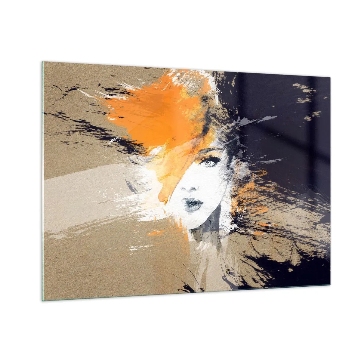 Impression sur verre - Image sur verre - Portrait abstrait d'une femme aux accents orange - 100x70cm - Et la lumière fut - Décoration murale moderne pour le salon et la chambre ARTTOR