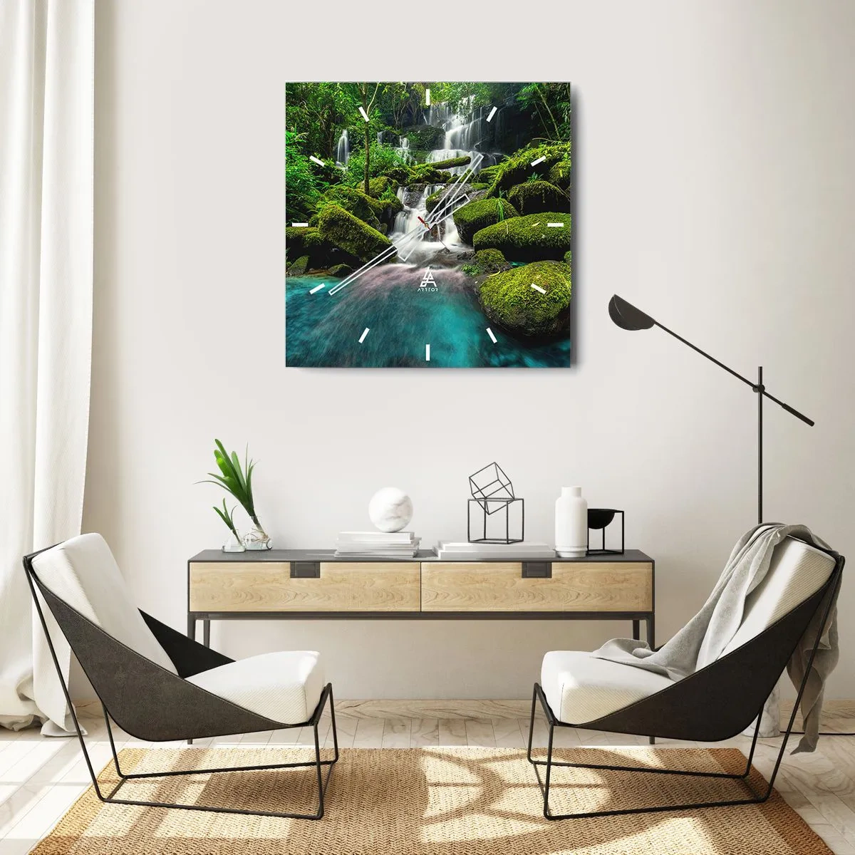 Horloge murale - Pendule murale - Une cascade tropicale entourée de verdure et d'eau turquoise - 30x30cm - Turquoise, saphirs et argent liquide - Décoration murale moderne pour le salon et la chambre ARTTOR