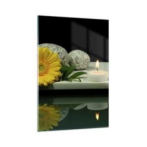 Impression sur verre - Image sur verre - Fleur jaune, bougies et pierres sur fond d'eau - 80x120cm - Apaisement des sens - Décoration murale moderne pour le salon et la chambre ARTTOR