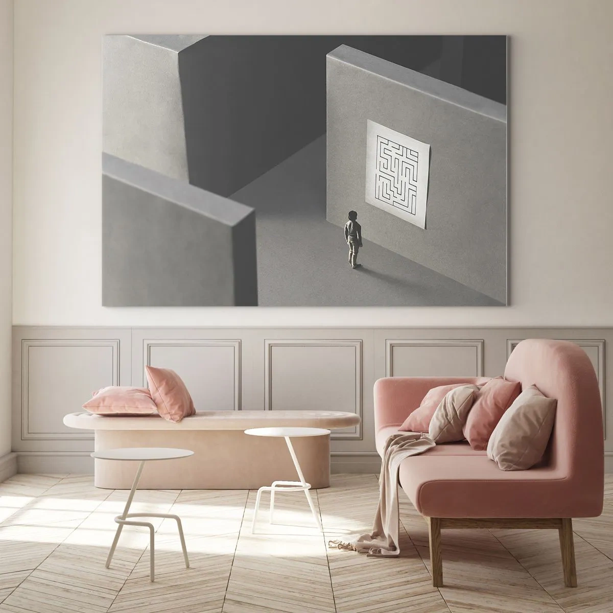 Impression sur verre - Image sur verre - Enfant dans un labyrinthe avec un symbole d'énigme - 70x50cm - Mais où suis-je? - Décoration murale moderne pour le salon et la chambre ARTTOR
