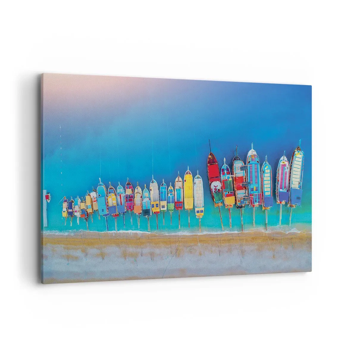 Impression sur toile - Image sur toile - Des bateaux colorés alignés en rangée sur le rivage - 100x70cm - Une vue à vol d'oiseau - Décoration murale moderne pour le salon et la chambre ARTTOR